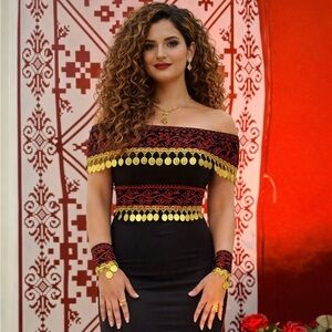 Black and Gold Off-Shoulder Palestinian dress